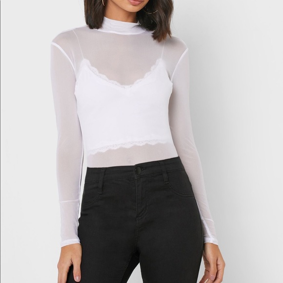 White mesh turtleneck top Clearance